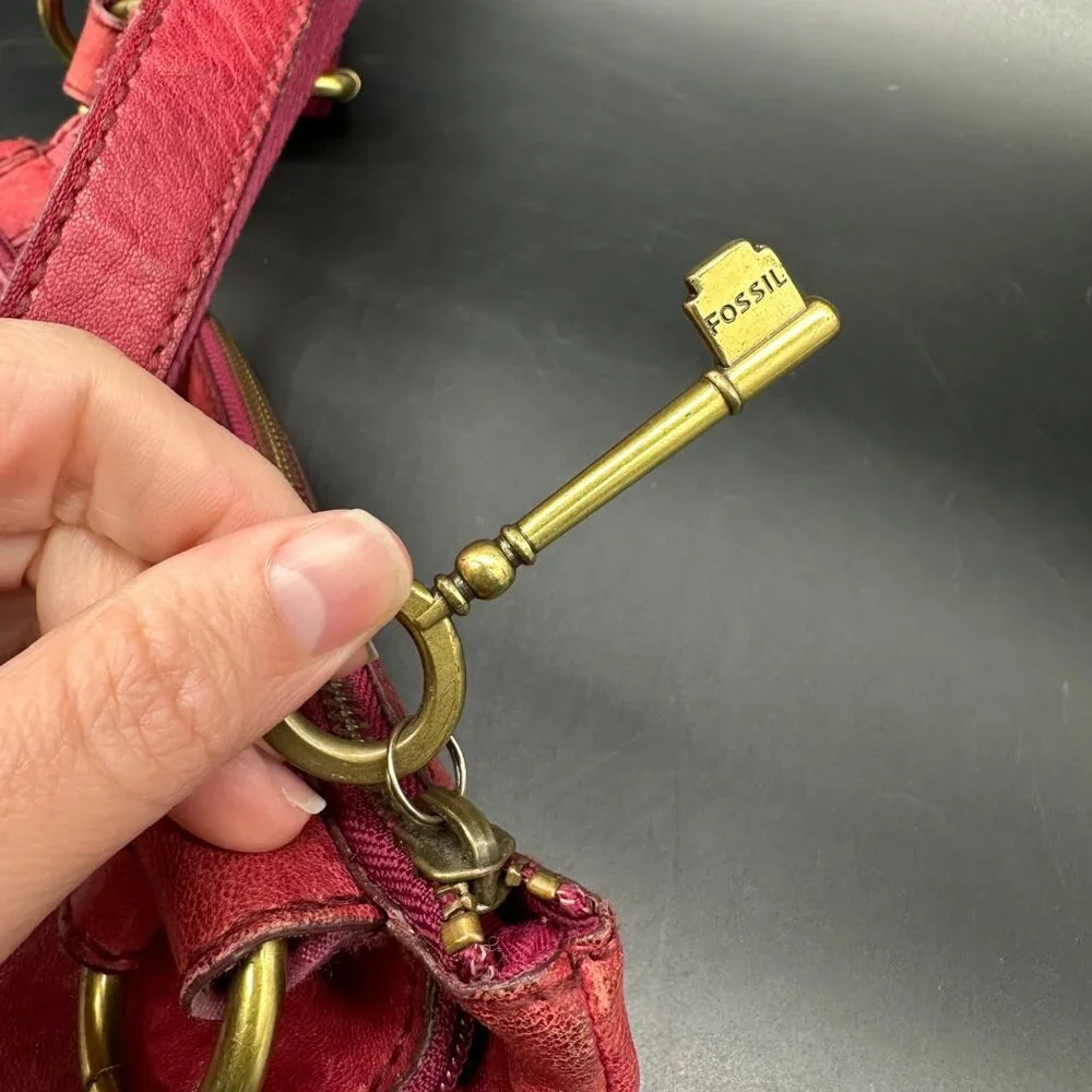 Fossil Red Leather Crossbody Purse 1954 Adjustable Strap Brass Accents READ - Picture 9 of 15